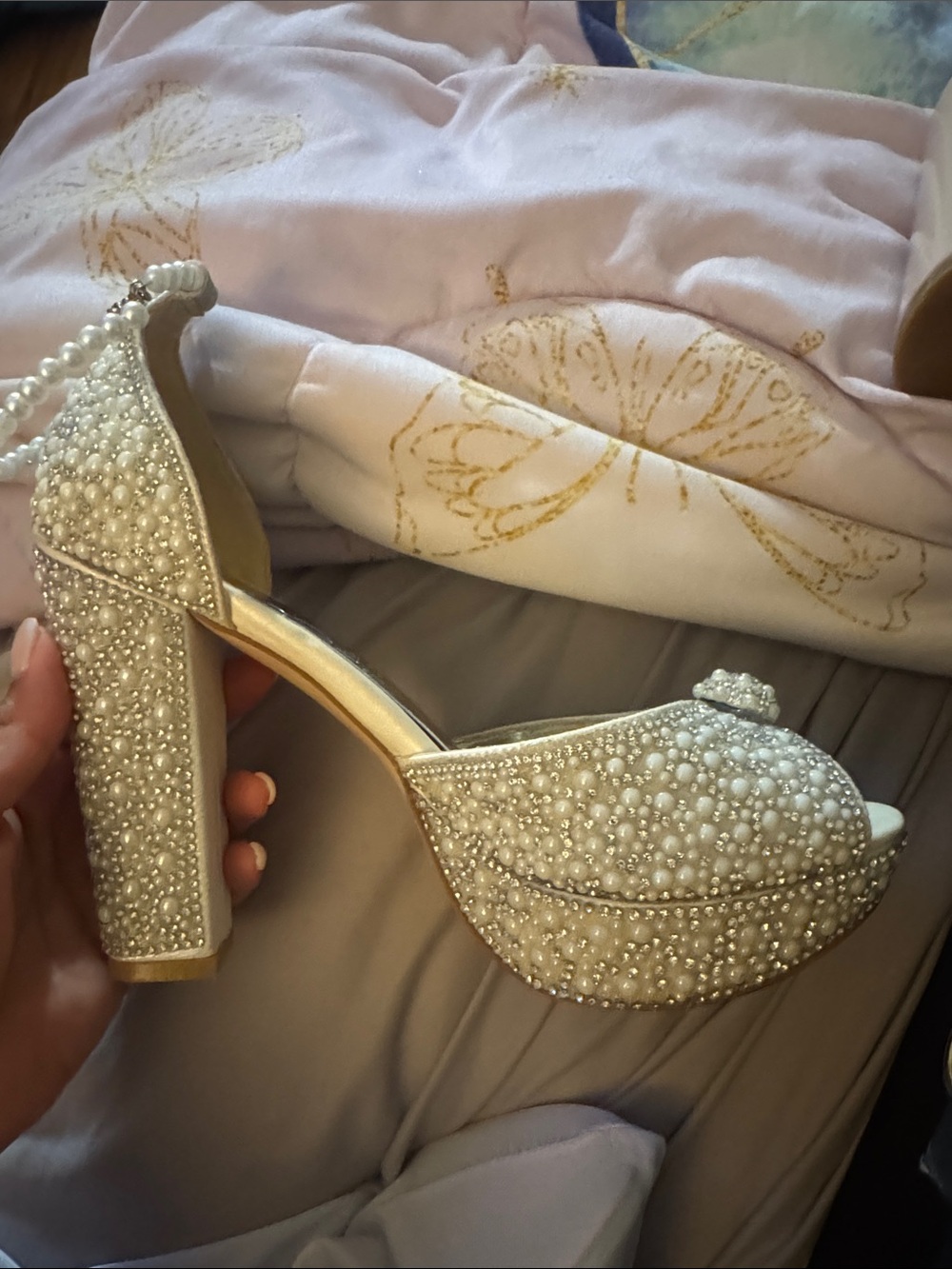 Pearl-Embellished Ivory Platform Heel Women's Dress Sandal